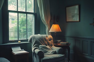 A cozy corner with a vintage chair and lamp by the window, teal walls surrounding the serene