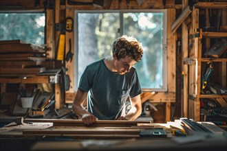 Young craftsman working on wood carefully in a shed with natural lighting from a window, AI