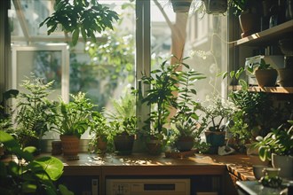 Abundant greenery floods the shelves of an indoor garden, sunlight streaming through creating a
