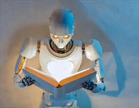 A robot with orange eyes reads a book, the light creates atmosphere and shadows, AI generates, AI