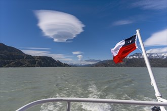 Boat trip, glacial lake, flag, cloud, UFO, Lago Grey, Torres del Paine National Park, Parque