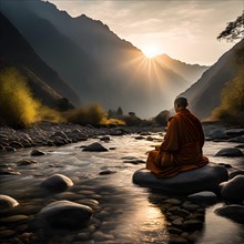 Monk engrossed in meditation beside a serene mountain stream, AI generated