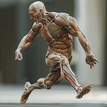 Anatomical model of a person walking, showing muscles and tendons, AI generated, AI generated