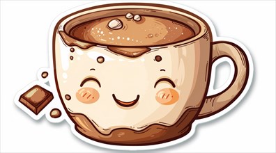 A smiling hot chocolate cup with whipped cream, depicted in a cute cartoon style, ai generated, AI