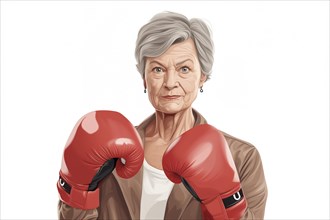 Illustration, an older woman with boxing gloves looks confidently and resolutely into the camera,