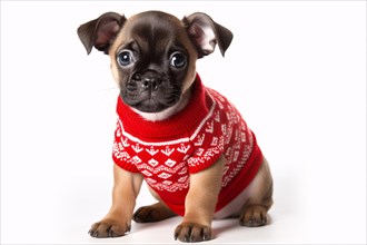 Cute small dog puppy with red knitted winter sweater on white studio background. rae dunn rice, AI