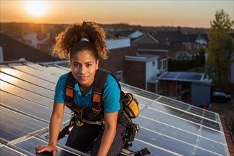 Cheerful worker on a rooftop at sunset fitting solar panels in a suburb, feminine power and rights
