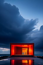 Architectural minimalism capturing intersecting yellow and red walls under a heavy cloudy sky, AI