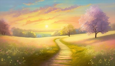 Beautiful springtime illustration in pastel colors. Footpath across a spring meadow with blooming