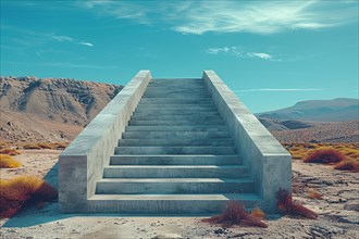 Isolated staircase with geometric shapes, surrounded by desert vegetation under a clear sky, AI