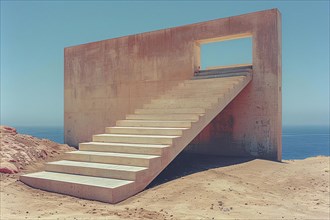 A minimalist stairway embedded in a monolithic structure overlooking the sea, AI generated
