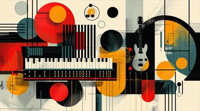 Abstract composition with musical instruments and geometric shapes in a colorful setting, ai