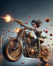 A woman on a motorcycle creates sparks as she rides through an urban landscape dotted with roses,