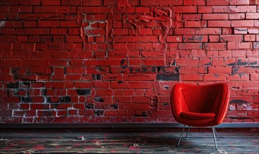 Stylish red chair against a textured brick wall in an industrial setting AI generated
