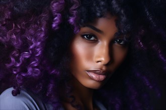 Portrait of beuatiful black african american woman with unusual birght purple dyed curly hair. KI
