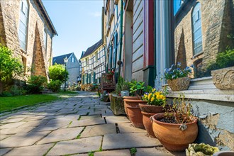 Sunny street with flower pots in front of historic half-timbered houses and clear sky, Old Town,
