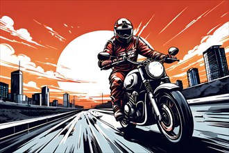Fast biker in the city with skyscrapers, subtle color line art, AI generated