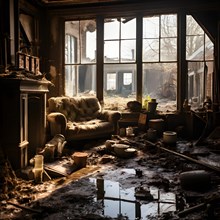 Interior of a flooded home furniture and personal items drenched, AI generated