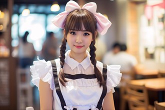 Young Asian woman with pink, white and black Maid costume in japanese maid cafe. KI generiert,