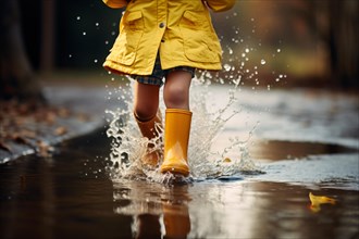 Girl child's feet in yellow rain rubber boots running trhough water puddle. KI generiert, generiert