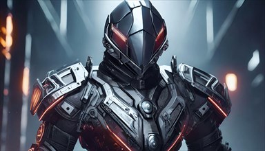 A futuristic robot suit with an innovative design and glowing eyes that radiates strength,