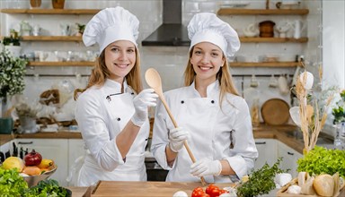 AI generated, Two attractive blonde female chefs with a wooden spoon in the kitchen of a hotel