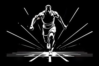 Human athlete starting in track and field, black and white illustration, AI generated