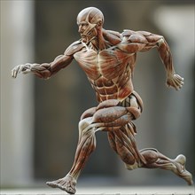 Anatomical model in sprint with focus on muscular activity and movement dynamics, AI generated, AI
