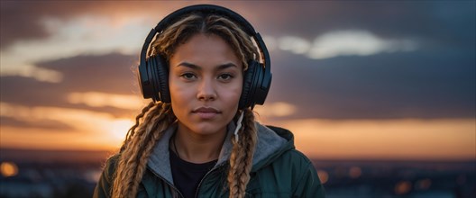 Relaxed Mixed-race blonde woman with braided hair and headphones enjoys the city view at evening,
