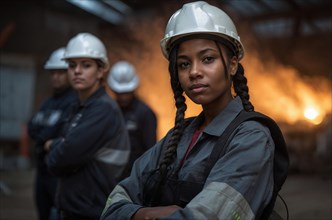 Confident Female black worker looking to camera, in the foreground with others behind her and a