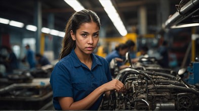 Concentrated woman mechanic working on a vehicle's engine indoors, women at heavy industrial