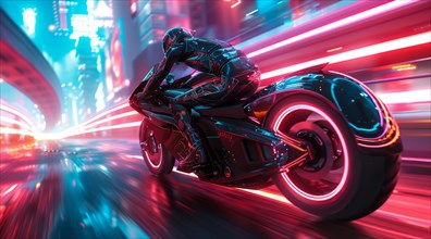 Motorbike rider in black with reflective helmet zooms through a cyberpunk city at night, ai