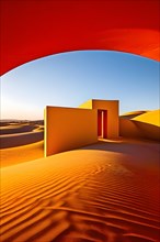 Architectural minimalism capturing intersecting yellow and red walls between sand dunes, AI