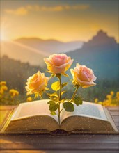 Rose flowers growing out of an open book. Inspirational storybook with a scenic view. Reading and