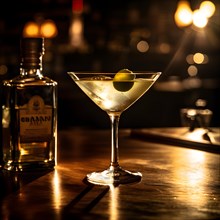 Gin martini cradling a single olive perched on an elegant bar, AI generated