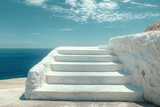 Bright white stairs ascending towards a serene blue sky with fluffy clouds over the sea, AI