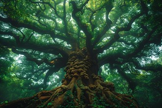 Mystical view of an ancient moss-covered tree with entwined branches, AI generated