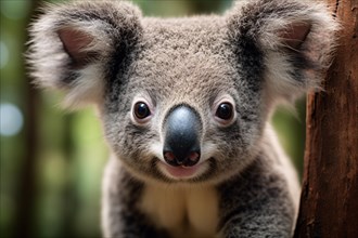 Close up of face of wild Koala bear in forest. KI generiert, generiert AI generated