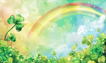 A cheerful scene with a rainbow, clouds, and clovers on a gradient background AI generated