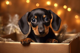 Cute young Dachshund puppy in golden gift box with bokeh lights in background. KI generiert,