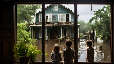 Family in partially submerged house from floodwater, AI generated
