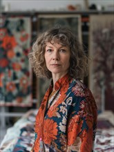Thoughtful woman with curly hair in a patterned dress, surrounded by colorful fabrics in her art