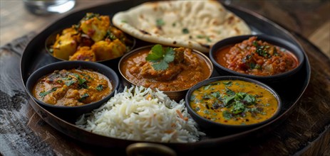 Diverse Indian food selection with curries, naan, and rice in bowls, ai generated, AI generated