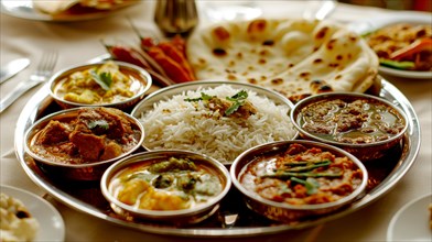 A traditional Indian thali with curries, rice, and naan bread, ready for dinner, ai generated, AI