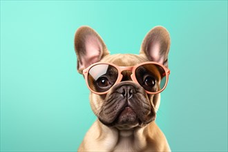 Funny French Bulldog dog with pink sunglasses on blue studio background. KI generiert, generiert AI
