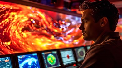 Meteorologist immersed in analyzing hurricane trajectories on a mosaic of digital screens, AI