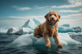 Labradoodle Dog with a blue bandana sitting on an ice floe, exploring the area, alone isolated in