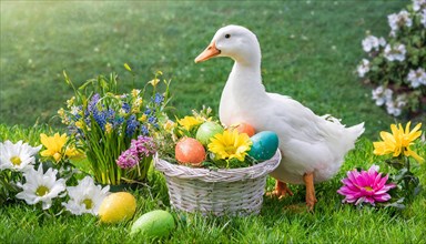 Ai generated, An Easter basket with coloured eggs in a meadow with colourful flowers, in the