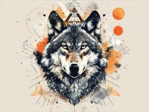 Illustration of a wolf with abstract geometric and splatter elements in warm fire tones, ai