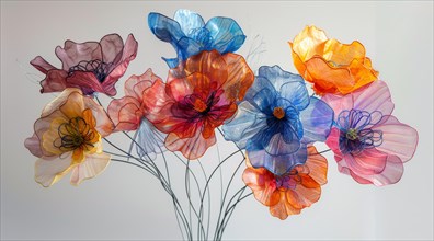 Vibrant and colorful transparent flower art pieces arranged on a wall, ai generated, AI generated